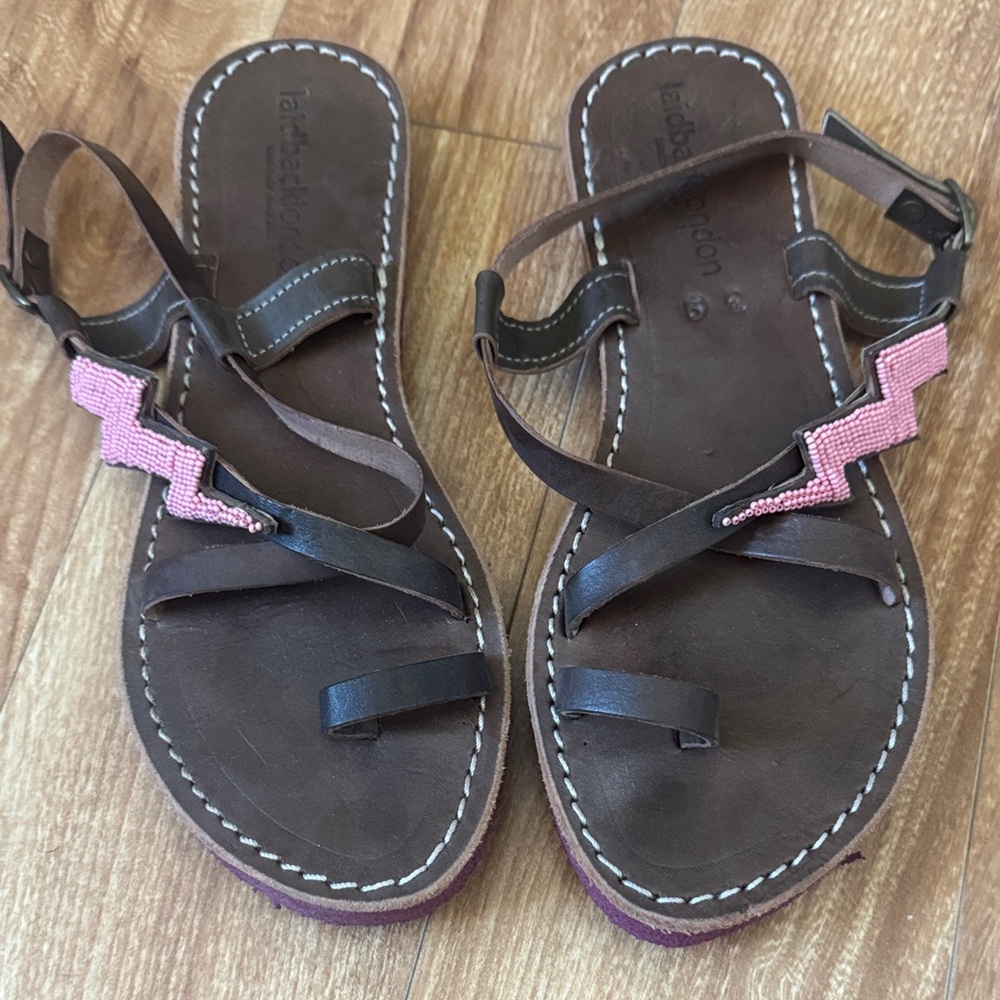 Saltwater Inspired Brown Leather Sandals with Pink Beaded Accent